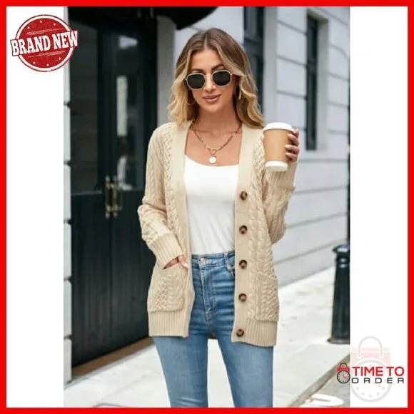 Chunky Cable Knit Cardigan Open Front Button Down Pockets Women's Sweater - Picture 4 of 8